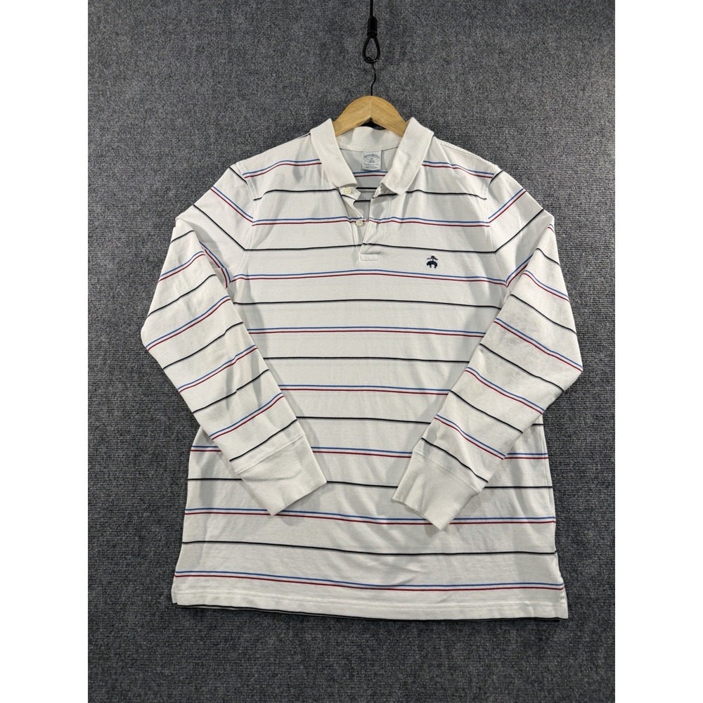 Brooks Brothers Rugby Shirt Mens XL White Navy Striped Cotton Long Sleeve Preppy